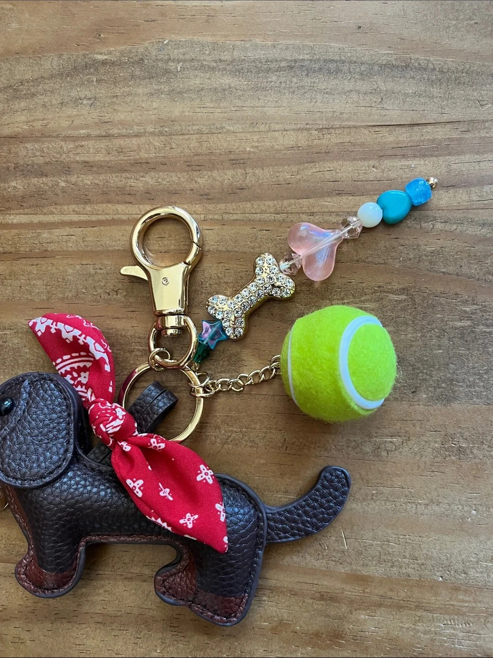 Piper K Dachshund Leather Key & Bag Charm with Red Bandana, Lime Tennis Ball